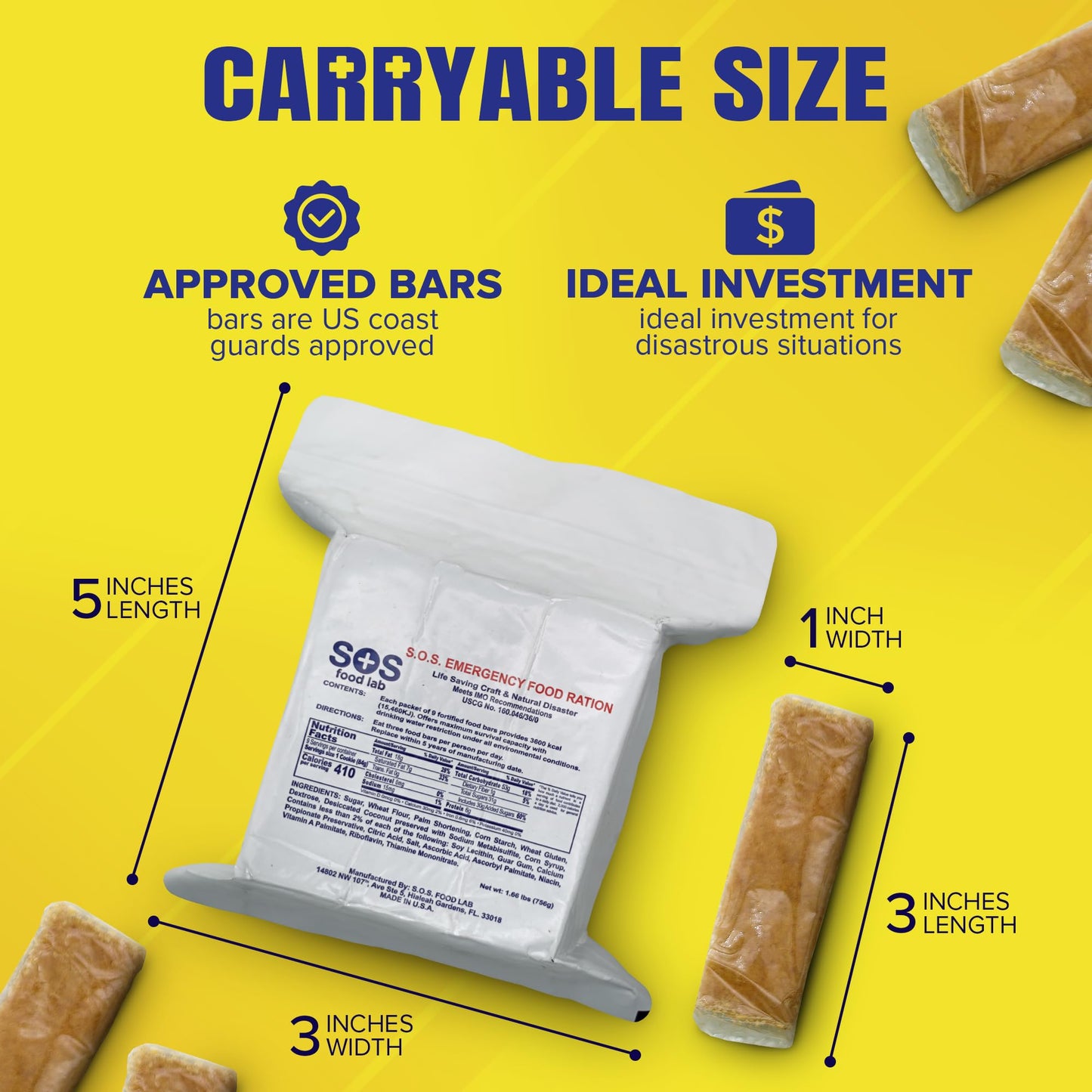 SOS Food Labs, Inc. 185000825 S.O.S. Rations Emergency 3600 Calorie Food bar - 3 Day/ 72 Hour Package with 5 Year Shelf Life, 5" Height, 2" Wide, 4.5" Length, white