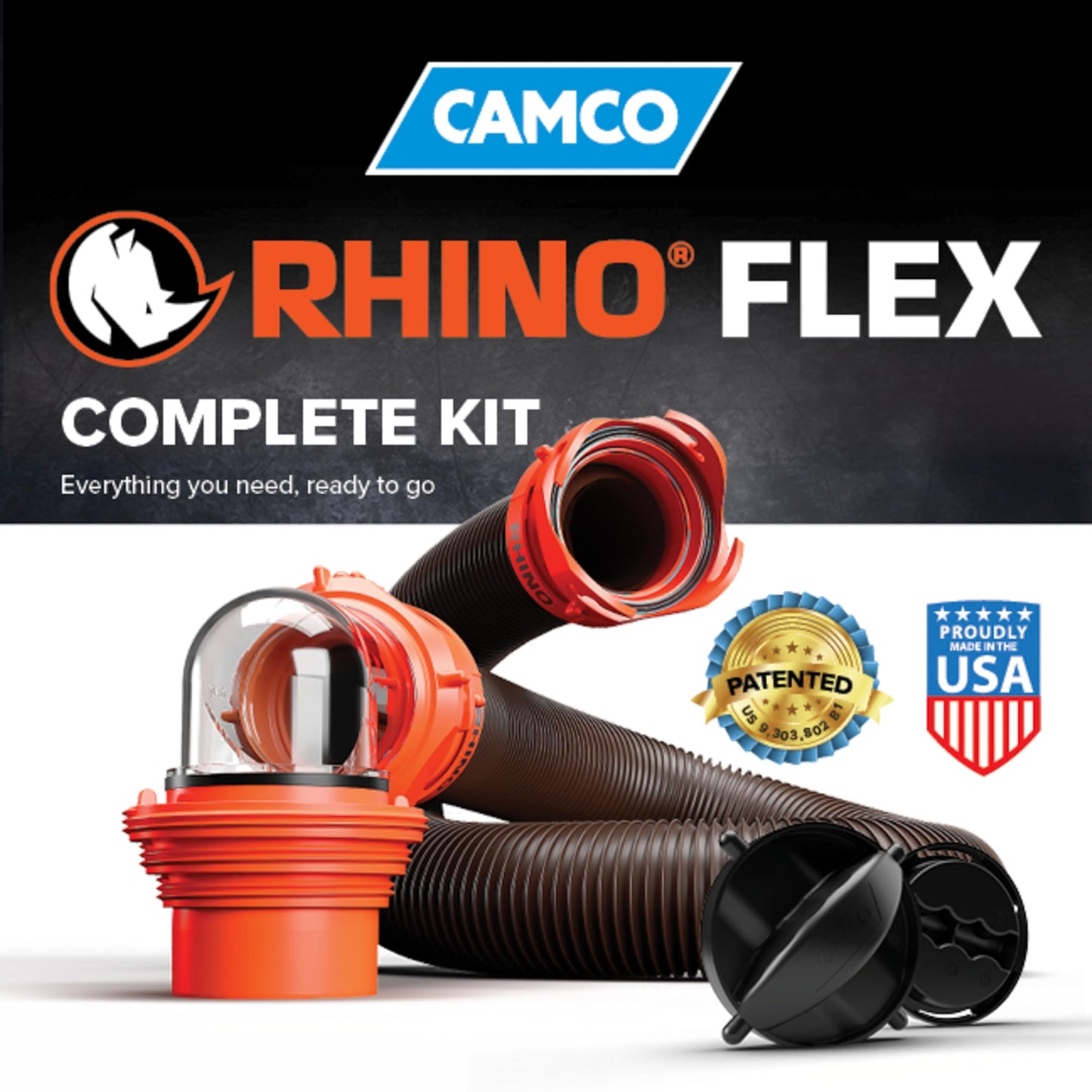 Camco RhinoFLEX 15-Ft RV Sewer Hose Kit - Features Clear Elbow Fitting w/Removable 4-in-1 Adapter - Connects to 3” Slip or 3”/3.5”/4” NPT Threaded Sewer Connection (39770)