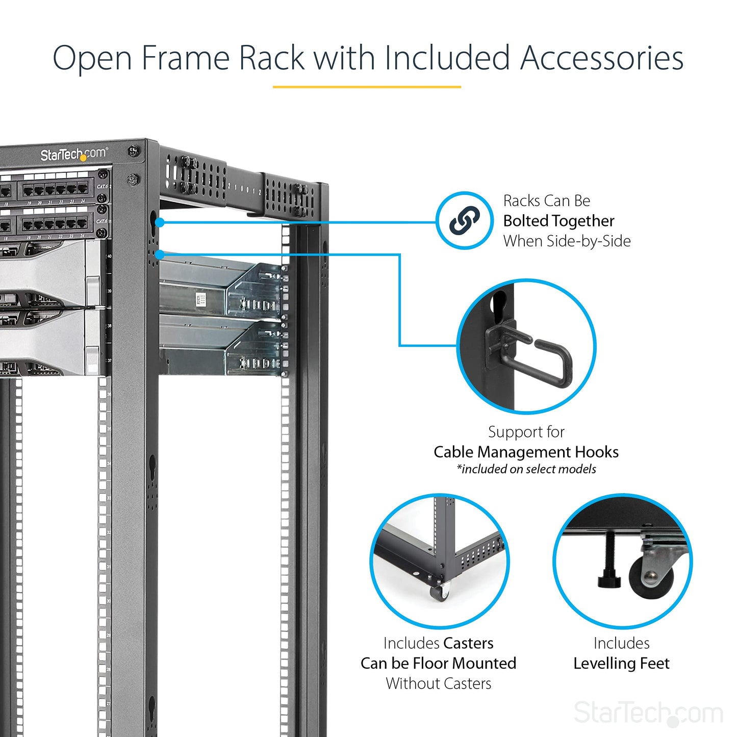 StarTech.com 4-Post 42U Mobile Open Frame Server Rack, 19in Network Rack with Wheels, Rolling Rack for Computer/AV/Data/IT Equipment - Casters, Leveling Feet or Floor Mounting (4POSTRACK42)