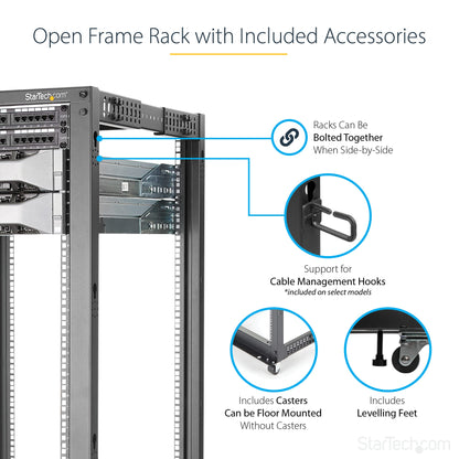 StarTech.com 4-Post 42U Mobile Open Frame Server Rack, 19in Network Rack with Wheels, Rolling Rack for Computer/AV/Data/IT Equipment - Casters, Leveling Feet or Floor Mounting (4POSTRACK42)