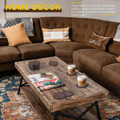 Wood Coasters with Metal Holder, GOH DODD Set of 6 Walnut Wooden Coaster Tabletop Protection for Drinks Coffee Table Home Kitchen Office Bar Living Room Decor Housewarming Gifts Wedding Party, 4 Inch