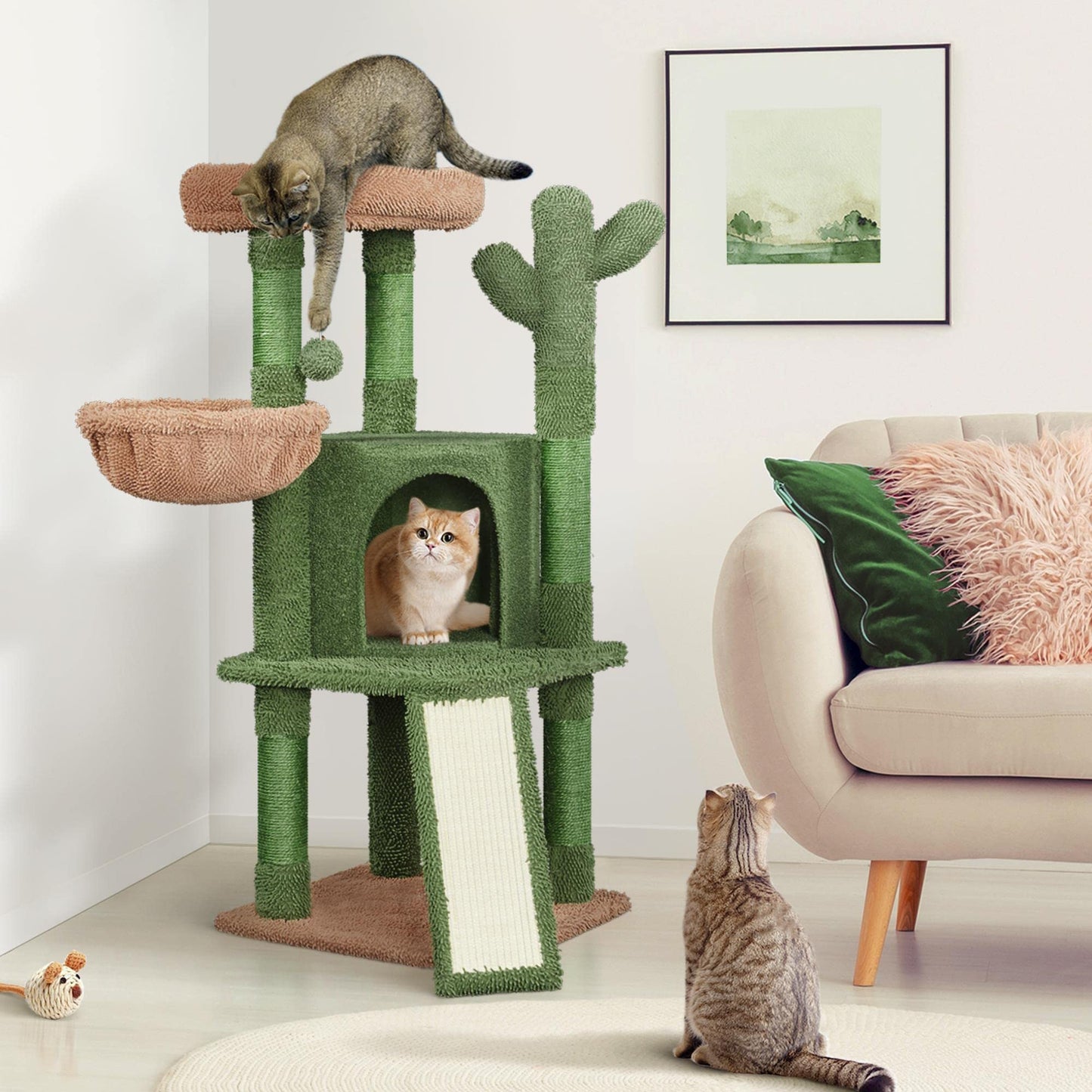 Yaheetech Cactus Cat Tree, 42in Cat Tower for Indoor Cats, Multi Level Kitten Condo Scratching Post, Cat Activity Center Pet Furniture w/Ball, Plush Perch, Platform, Basket