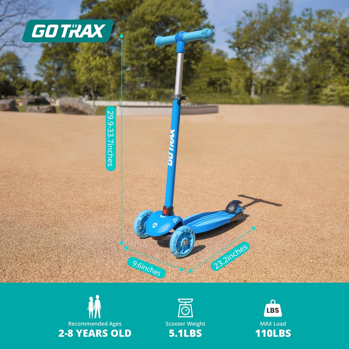 Gotrax KS1 Kids Kick Scooter, LED Lighted Wheels and 3 Adjustable Height Handlebars, Lean-to-Steer & Widen Anti-Slip Deck, 3 Wheel Scooter for Boys & Girls Ages 2-8 and up to 100 Lbs (Blue)