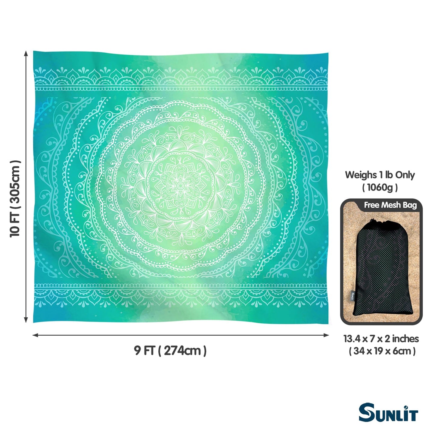 Sunlit 10'x9' Extra Large Boho Sand Proof Beach Blanket, Sand Proof Mat with Corner Pockets and Mesh Bag for Beach Party, Travel, Camping and Outdoor Music Festival, Bright Turquoise Mandala