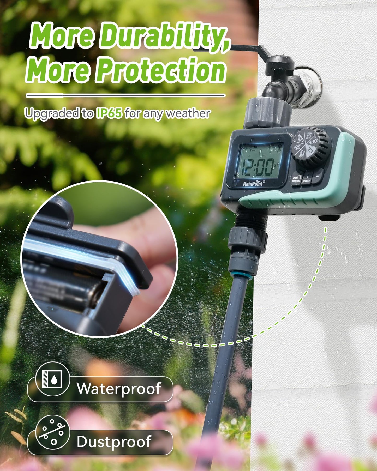 RAINPOINT Sprinkler Timer Outdoor, Water Timer for Garden Hose, Programmable Watering Irrigation Timer with Rain Delay/Manual, V2, 2024 Release(Plastic)