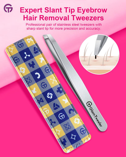 Expert Slant Tip Tweezers with Leather Case, GlamTweeler Sharp & Precision Stainless Steel Tweezer for Eyebrows, Facial Hair and Fine Hairs Removal (Silver)