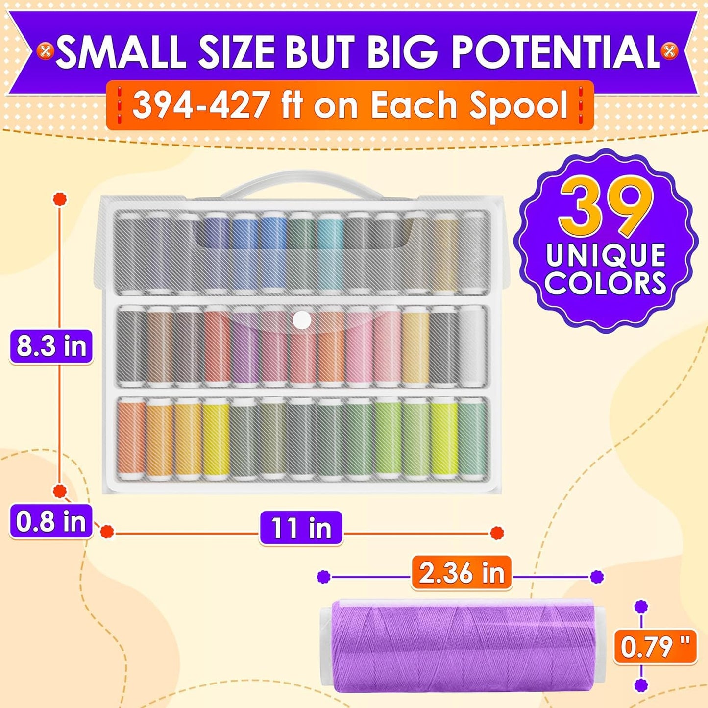 Sewing Machine Thread Set - 39 Colors Polyester Thread for Sewing Machine & Hand Embroidery, 140 Yards Per Spool, Bright Colors That Won't Fade - Ensures Smooth Stitching with Most Fabrics