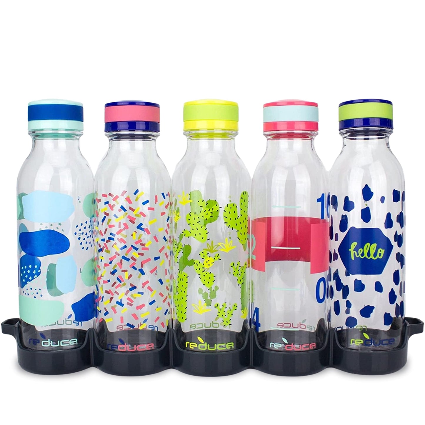 Reduce WaterWeek Reusable Water Bottle Set, 20oz – Plastic Reusable Water Bottle Set of 5, Plus Fridge Tray – BPA-Free, Leak Proof Twist Off Cap – Bliss
