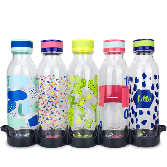 Reduce WaterWeek Reusable Water Bottle Set, 20oz – Plastic Reusable Water Bottle Set of 5, Plus Fridge Tray – BPA-Free, Leak Proof Twist Off Cap – Bliss