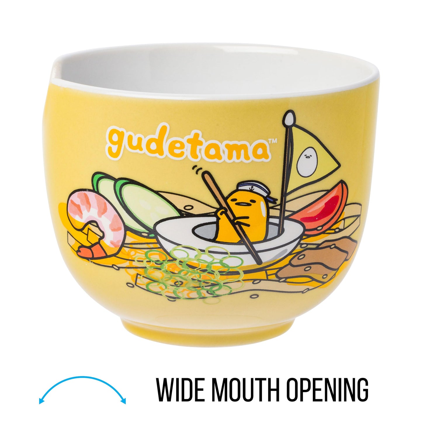 Silver Buffalo Sanrio Hello Kitty and Friends Gudetama Lazy Egg Sailing In Ramen Ceramic Ramen Noodle Rice Bowl with Chopsticks, Microwave Safe, 20 Ounces