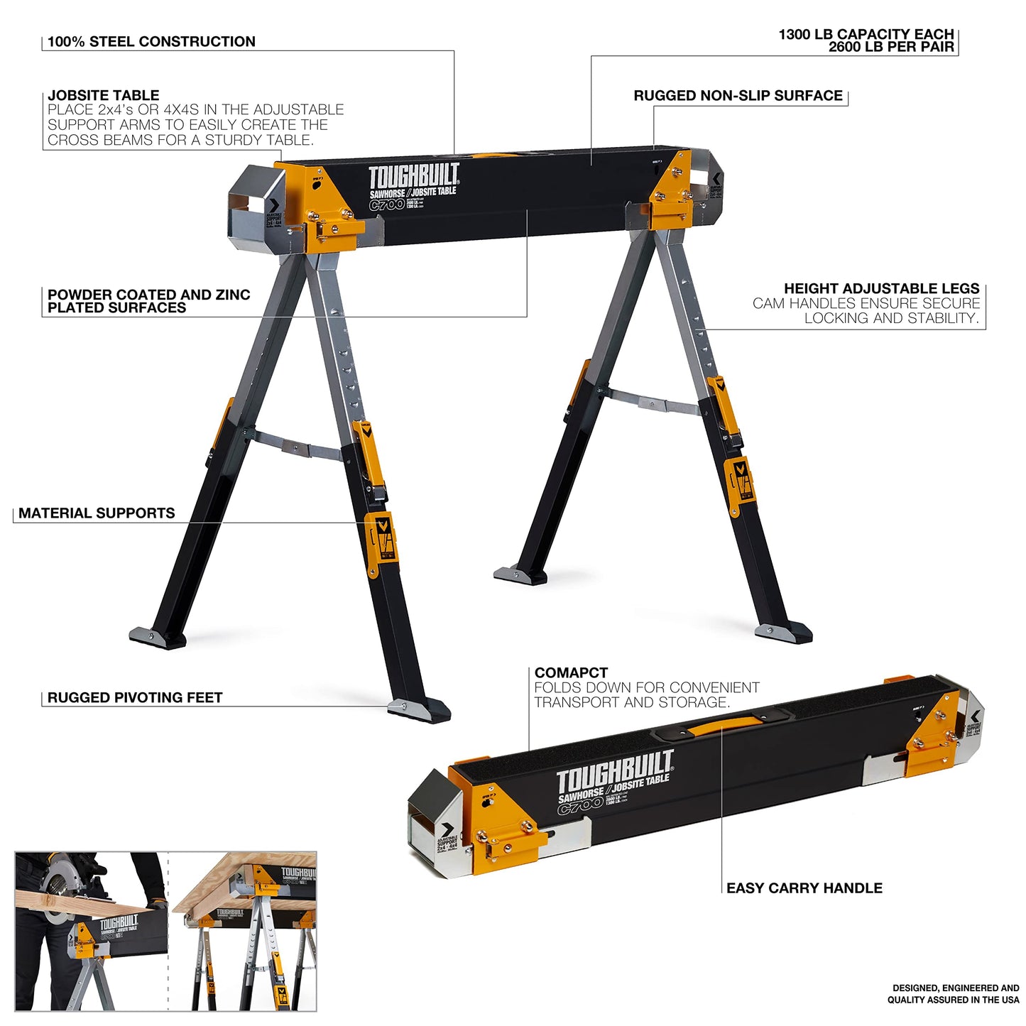 ToughBuilt - Folding Sawhorse - Sturdy, Durable, Lightweight, Heavy-Duty, 100% High Grade Steel - Adjustable up to 4x4 Size Support Arms - 1300 LB Capacity - (TB-C700) - 2 Pack