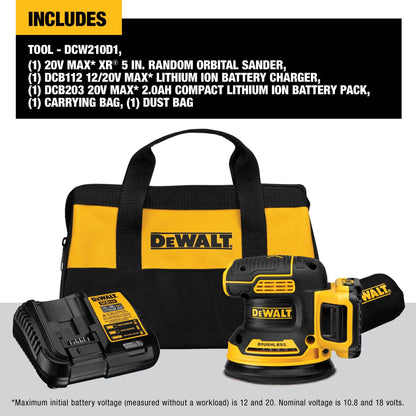 DEWALT 20V MAX Orbital Sander Cordless, 5-Inch Sander Tool, 2.Ah, 8,000-12,000 OPM, Variable Speed Dial, Storage Bag, Battery and Charger Included (DCW210D1)