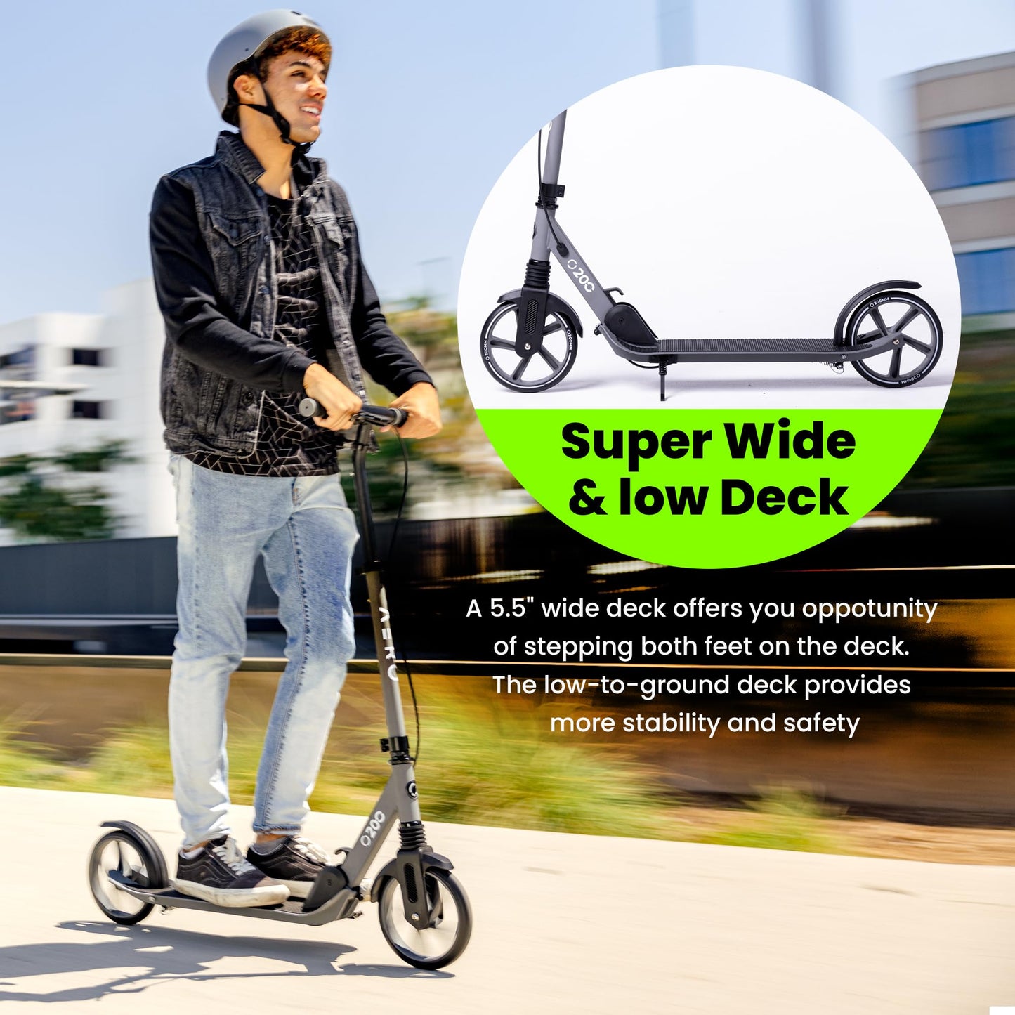 Aero Big Wheels Kick Scooter for Kids 8-12, Teens & Adults | Hand Brake, Rubber Deck Mat & Shock Absorption | Foldable & Height Adjustable, 220lbs Max