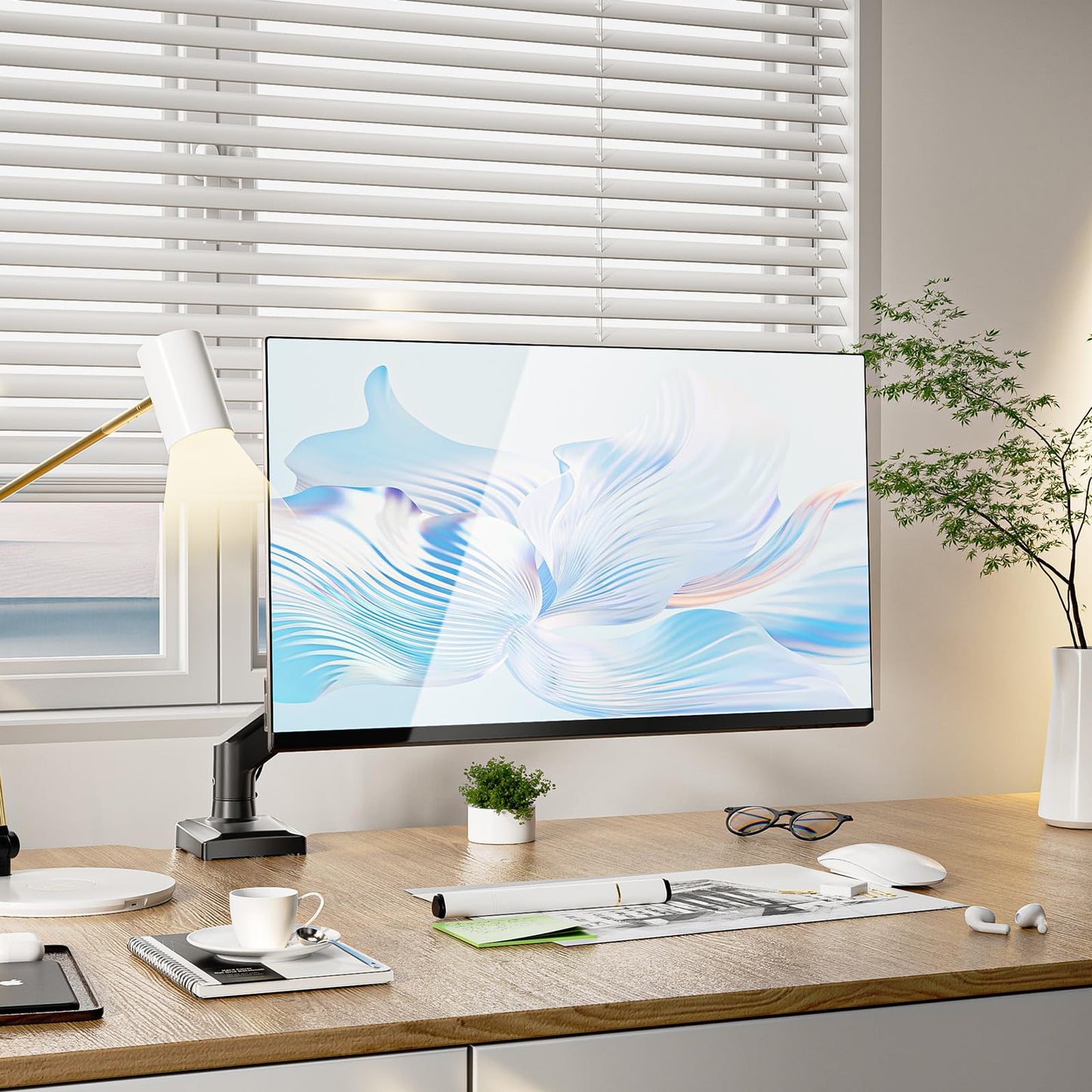 WALI Single Monitor Mount, Gas Spring Monitor Arm for 17-34 inch Screens, Adjustable Computer Monitors Stand up to 26.4lbs, with Clamp and Grommet Base, Mounting Holes 75 and 100mm (GSMP001N), Black