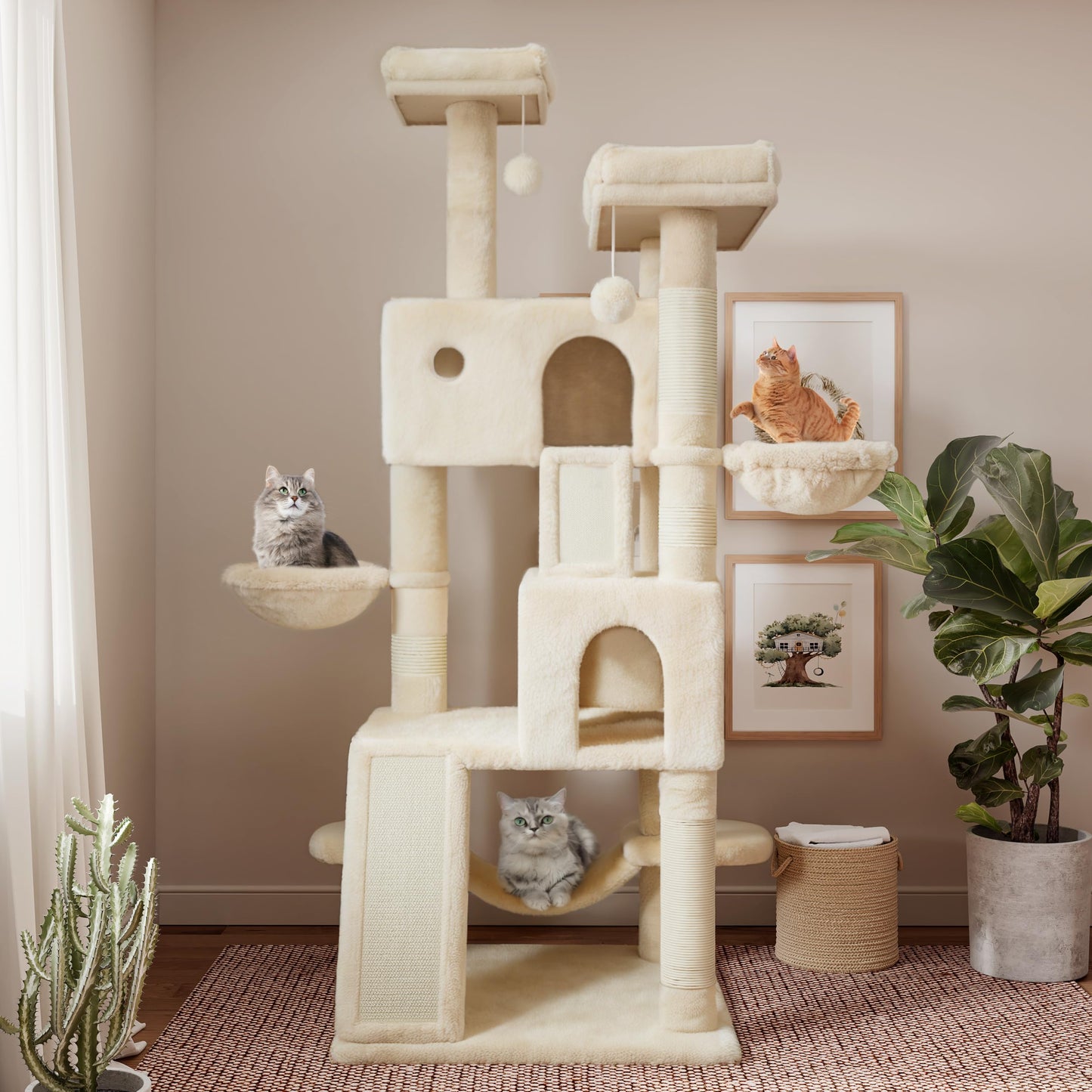 SHA CERLIN 65in Larger Cat Tree Tower Condo for Indoor Kitties/Multi-Level Furniture Activity Center with Wide Base/Cozy Plush Cat Perches/Baskets/Sisal Scratching Posts and Hammock/Beige