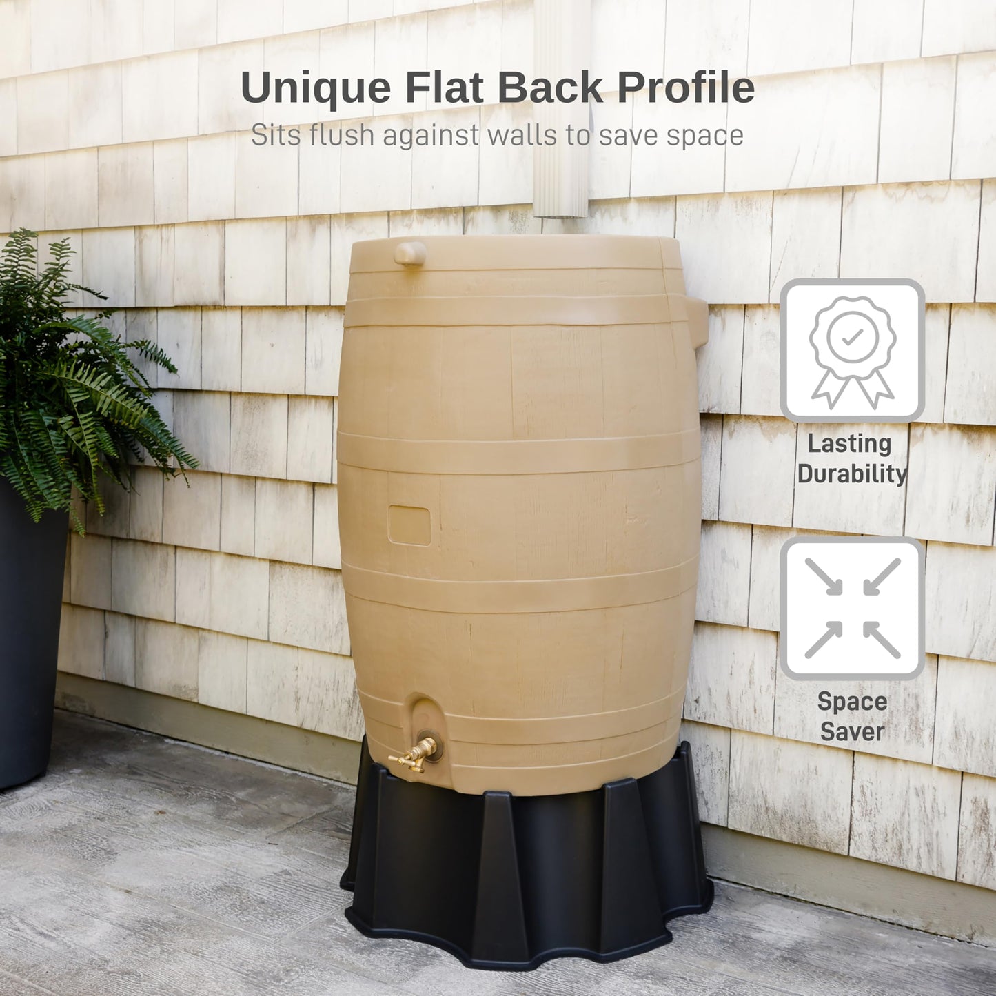 RTS Home Accents 50-Gallon Rain Barrel, Flat Back Rain Water Collection Barrel, Link Kit Included, Oak Color (2 Pack)