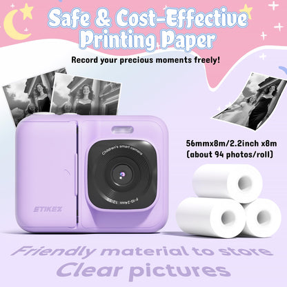 ETIKEZ Kids Camera, 1080P Instant Digital Print Camera for Kids, Christmas Birthday Gifts for 4 5 6 7 8 9 10 Year Old Girls Boys, Portable Toy with 32GB SD Card & 3 Rolls Printing Paper, Purple