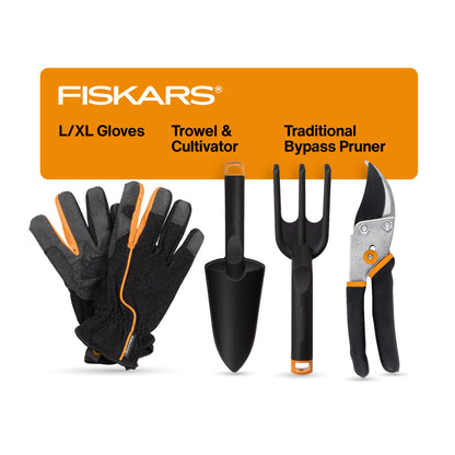 Fiskars House Plant Starter Tool Gift Set with Bypass Pruner, Trowel, Cultivator, and L/XL Garden Gloves, Accessories for Indoor Gardening (4 Piece Kit)