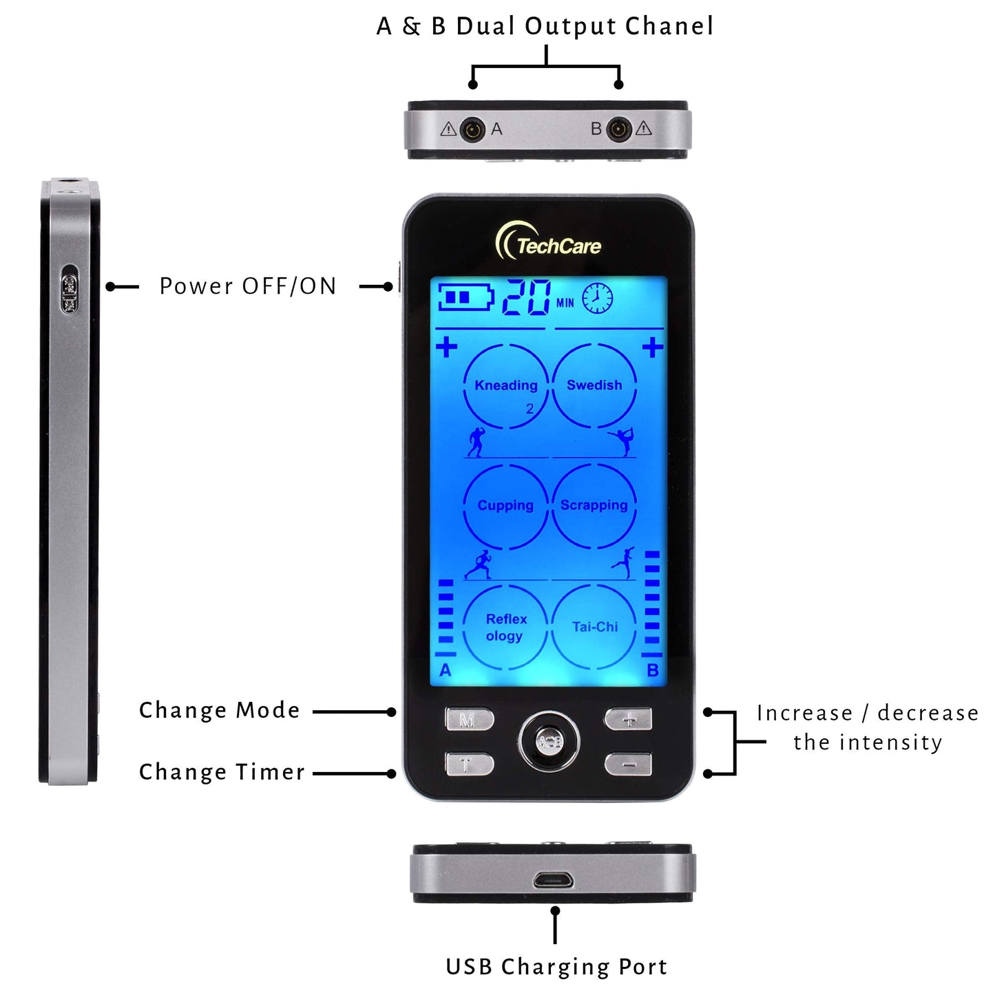 TechCare Plus 24-Mode TENS & EMS Dual-Channel Muscle Stimulator – Rechargeable Pain Relief Set with Massage Belt, Reflexology Shoes, Magnetic Therapy, Timer