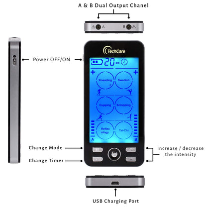 TechCare Plus 24-Mode TENS & EMS Dual-Channel Muscle Stimulator – Rechargeable Pain Relief Set with Massage Belt, Reflexology Shoes, Magnetic Therapy, Timer
