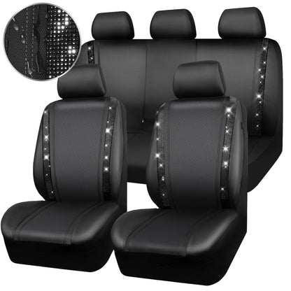 CAR PASS Leather Bling Diamond Car Seat Covers Full Set, Shining Rhinestone Waterproof Durable Rear with Zipper, Universal Fit Automotive Glitter Crystal Sparkle Strip for Cute Women Girly Black
