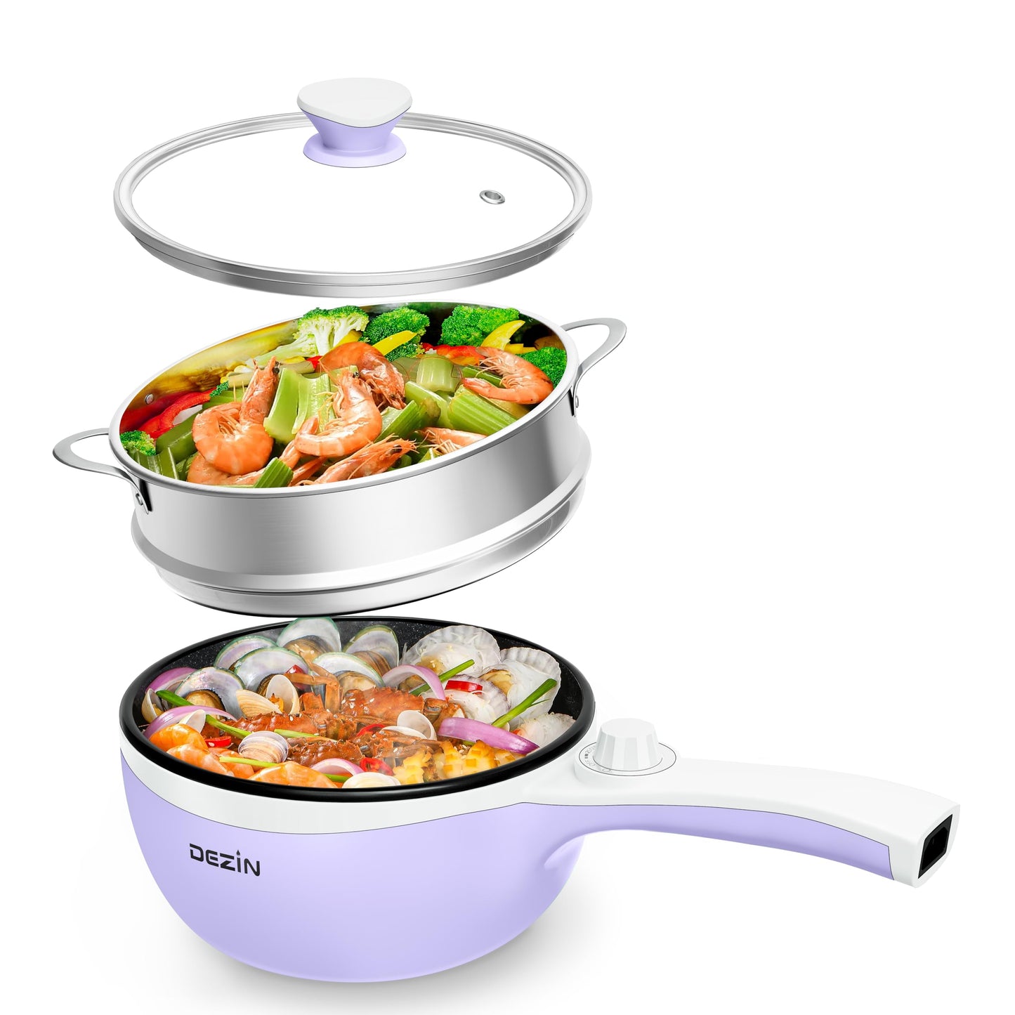 Dezin Hot Pot Electric with Steamer Upgraded, Non-Stick Sauté Pan, Rapid Noodles Electric Pot, 1.5L Mini Pot for Steak, Egg, Fried Rice, Ramen, Oatmeal, Soup with Power Adjustment
