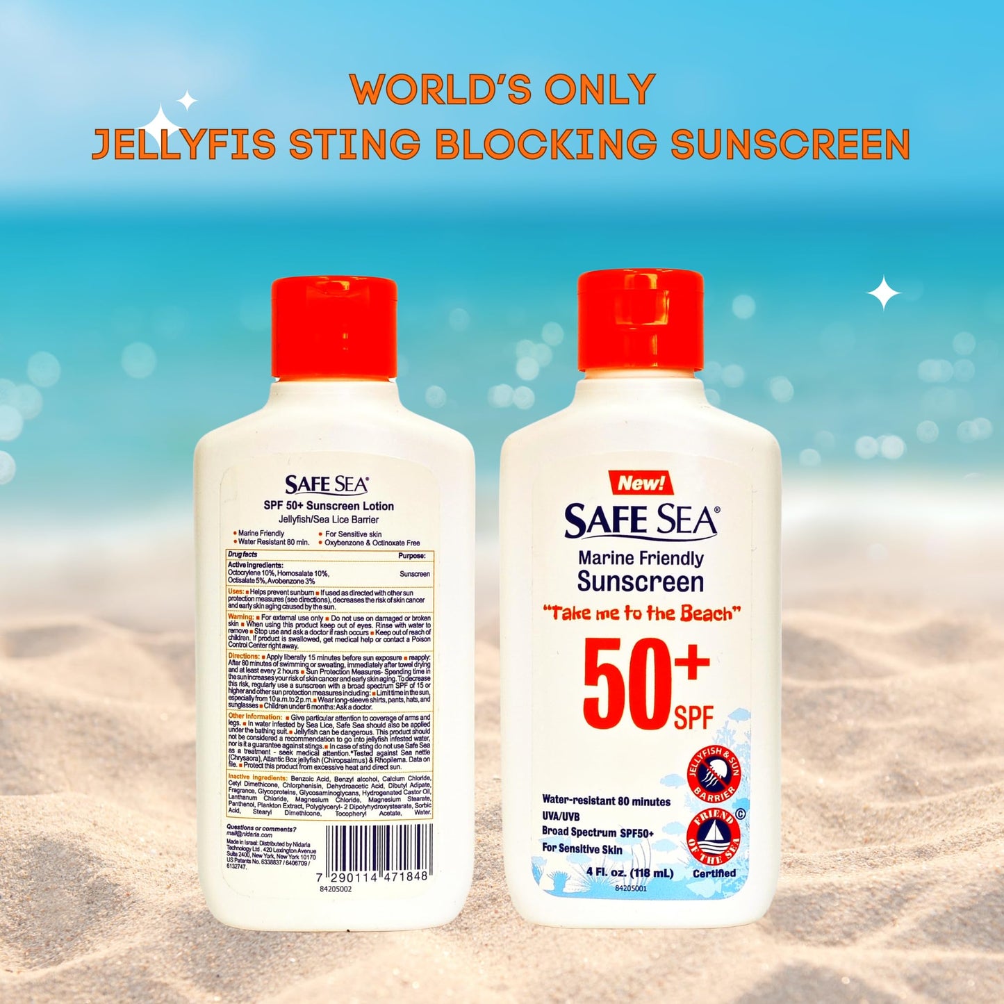 Safe Sea Jellyfish Sting-Blocking Sunscreen, SPF 50+ Lotion 4oz, Waterproof, Biodegradable, Coral Reef-Safe – Body and Face Sunscreen, Anti-Jellyfish and Sea-Lice sting protection.