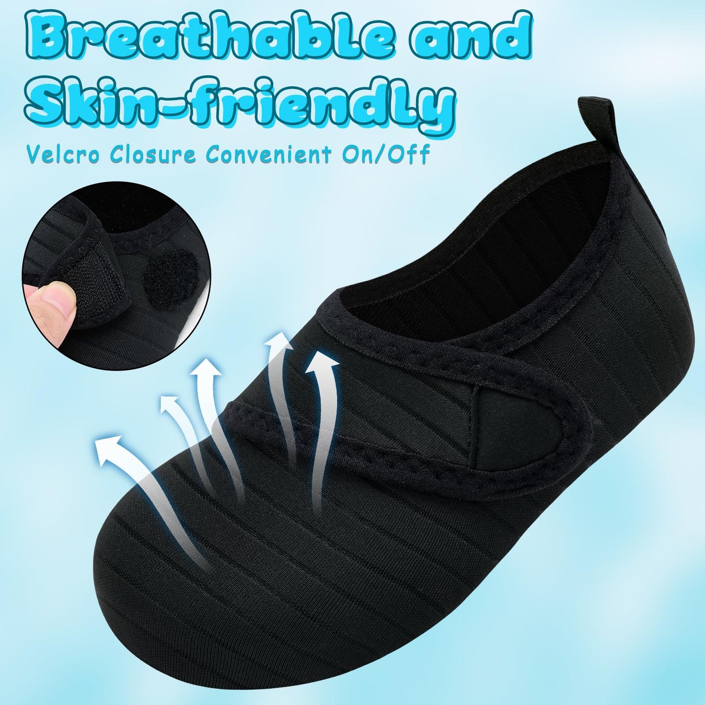 VIFUUR Kids Water Shoes Boys Girls Barefoot Water Sports Socks Hook&Loop Beach Shoes Quick Dry Aqua Socks Swim Walking Outdoor Sports for Toddler Black-30/31