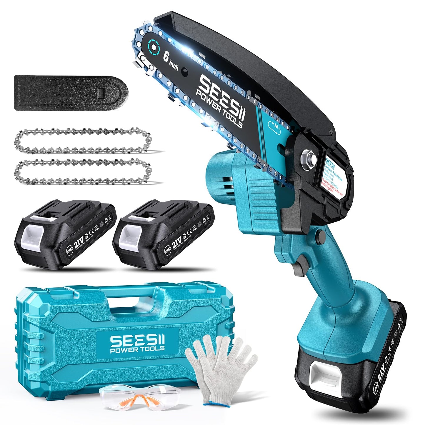Seesii Mini Chainsaw, 6-inch Mini Chainsaw Cordless, Handheld Electric Power Chain Saw with 2 Batteries, for Tree Trimming Wood Cutting, Best Gifts for Father, Dad, Husband, Men