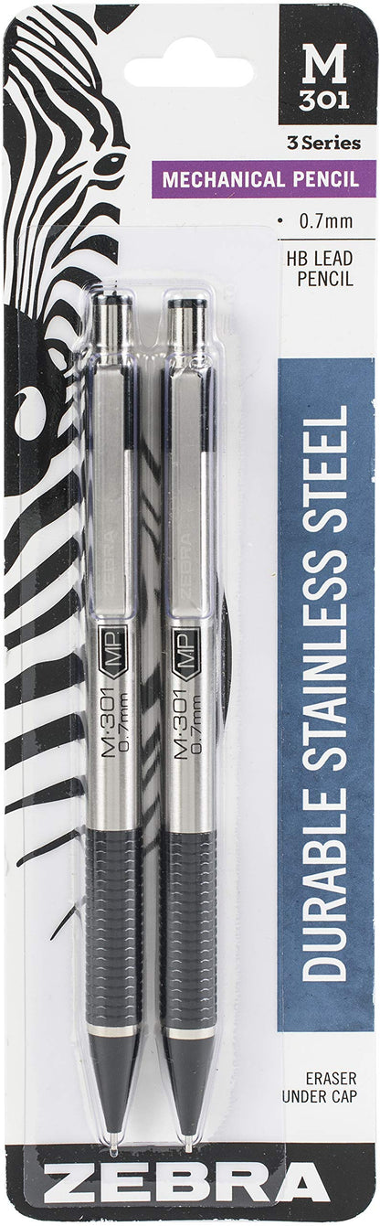 Zebra Pen M-301 Stainless Steel Mechanical Pencils, 0.7 mm, 2-Pack (54312)