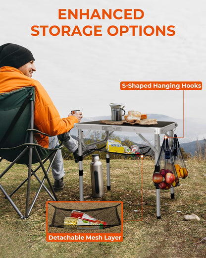 Sportneer Folding Table: Adjustable Height Camping Essentials 23.6" L x 15.7" W 3 Height with Mesh Layer - Compact & Portable Small Folding Table for Outdoor Camp Garden Picnic BBQ Dining Cooking