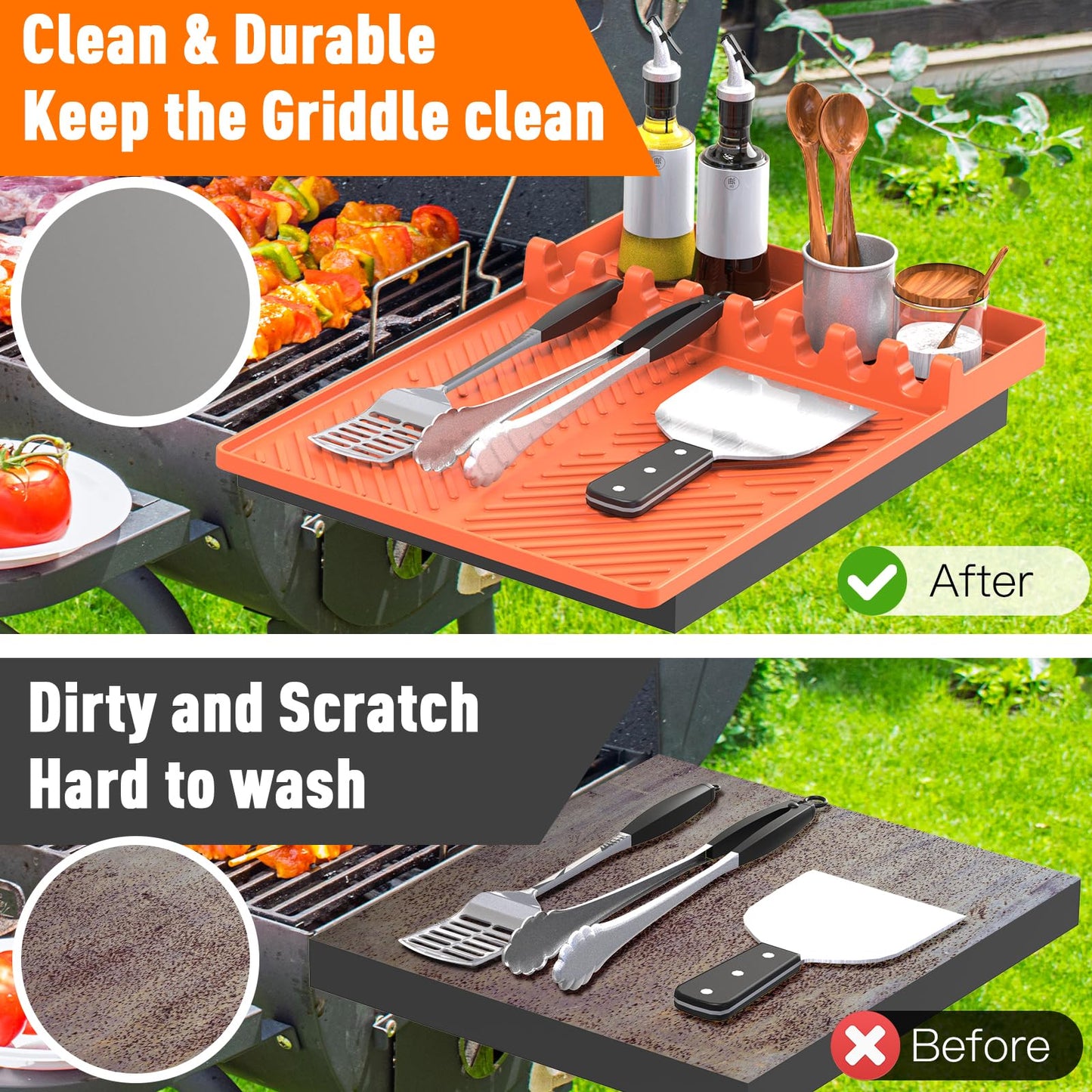 Silicone Grill Mat Compatible with Blackstone, Silicone Griddle Tools Mat with Drip Pad, Spatula Mat for Outdoor Grill Kitchen Counter (Orange)