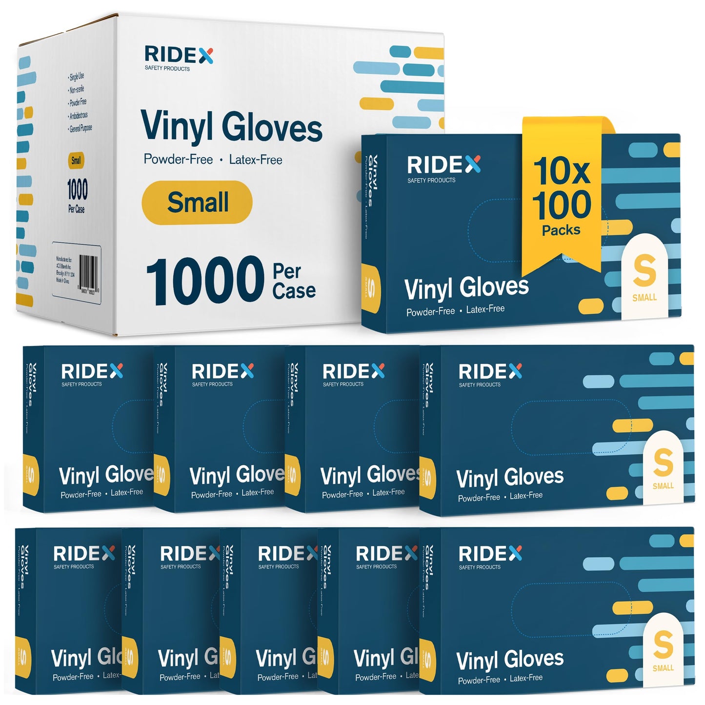 Ridex Disposable Gloves, Latex-Free Clear Vinyl, Small, 1000-Count, Thick Powder-Free, All-Purpose, Ambidextrous, Dispenser Box Gloves 100 Pieces