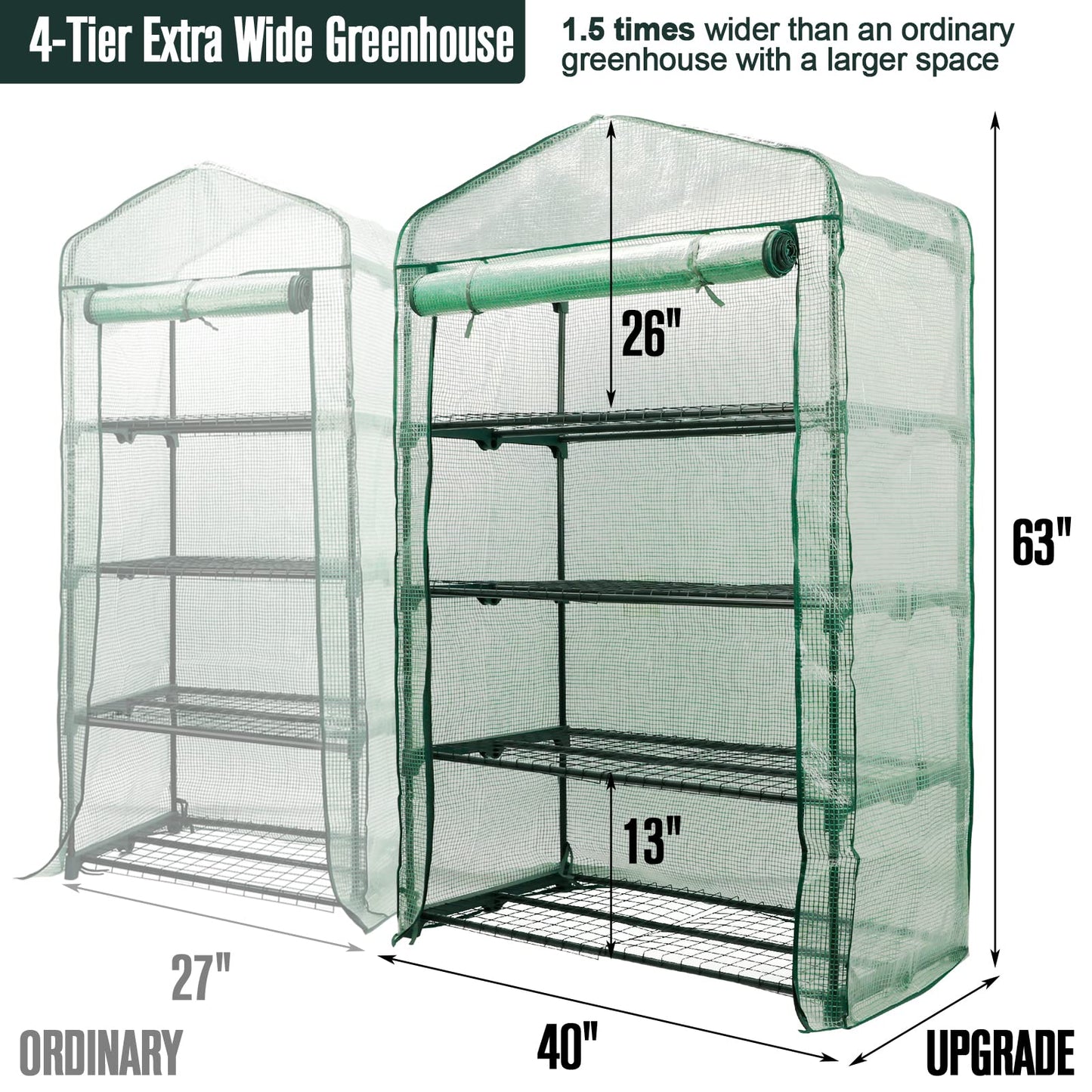 Worth Garden 50% Extra Wide Mini Greenhouse 4 Tier Portable Plant Green House 40in Wide -Sturdy Gardening Shelves with PE Cover & Roll-Up Zipper Door - Indoor & Outdoor Use - 19″W. x 40″L. x63″H.