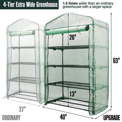 Worth Garden 50% Extra Wide Mini Greenhouse 4 Tier Portable Plant Green House 40in Wide -Sturdy Gardening Shelves with PE Cover & Roll-Up Zipper Door - Indoor & Outdoor Use - 19″W. x 40″L. x63″H.