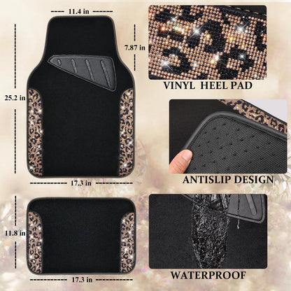 CAR PASS Bling Diamond Car Floor Mats, Shining Rhinestone Carpet Sparkly Glitter Crystal with Anti-Slip PVC Heel Pad Waterproof Universal Fit Automotive SUV,Sedan,Van,Cute Girl Women,4pcs Gold Leopard