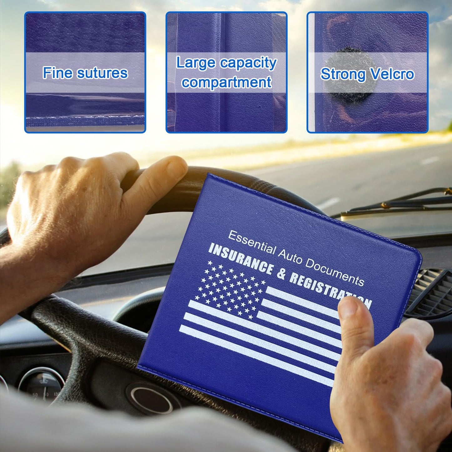 Ziciner Car Registration Insurance Holder, 2Pack Essential Auto Card Document Glove Box Organizer with Velcro Closure, Vehicle Interior Accessories Perfect for Most Car, Truck, SUV (Blue/White Flag)