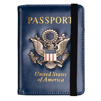 TOURSUIT RFID Blocking Passport Holder for Women Men, Leather Passport Travel Wallet with Metal 3D Metal Badge, Travel Document Holder Cover Accessories (Dark Blue)