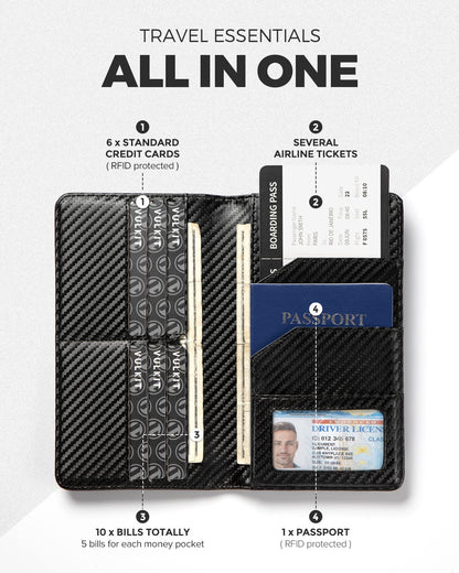 VULKIT Passport Wallet RFID Blocking Travel Wallet for Men & Women, Long Size, Carbon Fiber Black