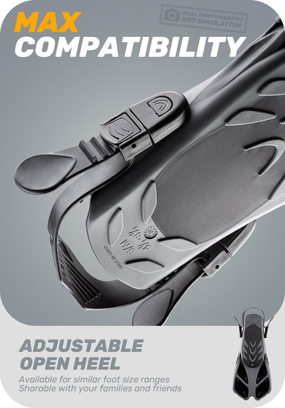 CAPAS Snorkel Fins, Swim Fins Travel Size Short Adjustable for Snorkeling Diving Adult Men Women Kids Open Heel Swimming Flippers