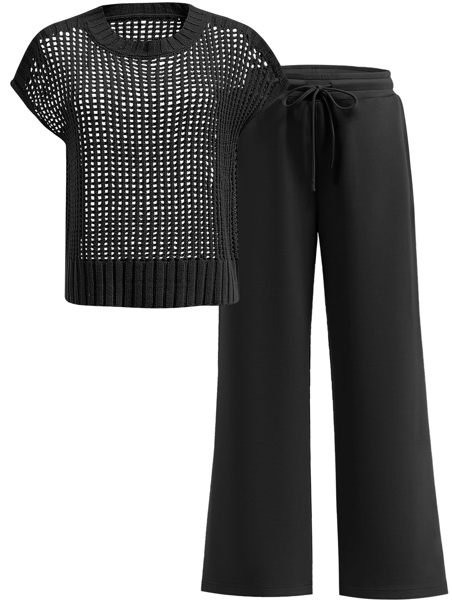 ANRABESS Women Two Piece Outfits Crochet Sheer Knit Sweater Top Wide Leg Pants Lounge Matching Sets Sweatsuit Travel Clothes Black X-Large