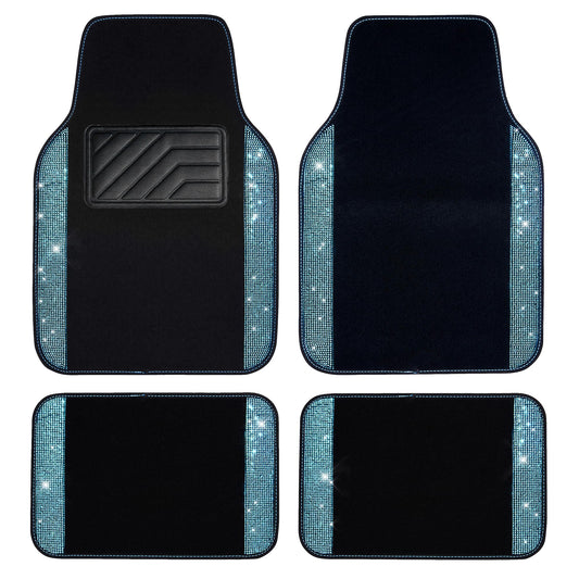 CAR PASS Bling Rhinestones Diamond Waterproof Car Floor Mat, Crystal Sparkly Shining Glitter Carpet, Anti-Slip PVC Heel Pad Universal for Interior Auto SUV,Sedan,Van,4pcs Girly Women Mint Teal Diamond