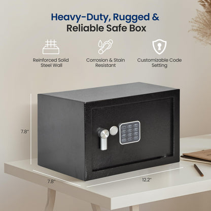 SereneLife Electronic Safe Box | Heavy Duty 12.2’’ x 7.8’’ Lockbox | Digital Keypad Code & 2 Key access | Small Money Safe for Home & Office | Secure Cash, Jewelry, Valuables | Wall & Floor Mountable