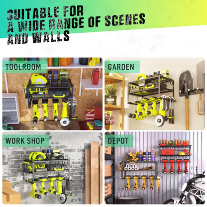 SUNALLY Power Tool Organizer, Heavy Duty Iron, 3 Layers Storage Rack with 4 Drill Holders, Floating Tool Shelf Wall Mounted, Matte Black, Work Shop, Garage, 150Lbs Load Capacity