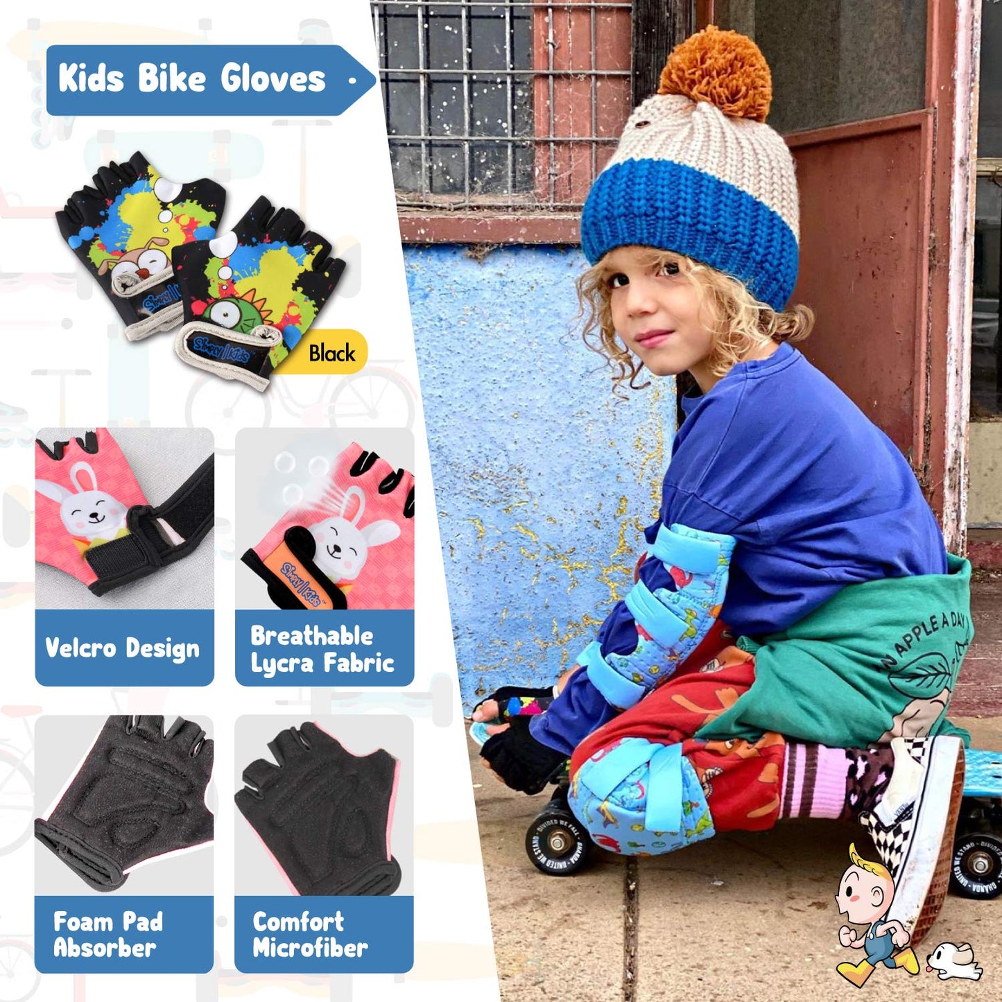 Soft-Style Kids Knee and Elbow Pads with Bike Gloves, Flexible Impact-Resistant Gear for Ages 2-11, Designed for Balance Bikes, Roller-Skating, and Skateboarding (Dinosaur, Small)