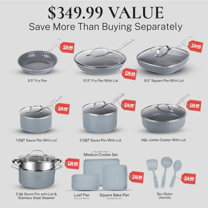 Granitestone 20 Pc Ceramic Cookware Set Nonstick, Complete Pots and Pans Set Non Stick for Kitchen with Bakeware, Cooking Utensils & Steamer, Non Toxic Made Without PFOA PFOS, Oven & Dishwasher Safe