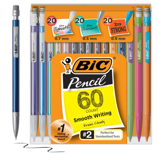 BIC Mechanical Pencil Variety Pack, Number 2 Mechanical Pencils With Erasers, Fine Point (0.5mm), Medium Point (0.7mm) and Thick Point (0.9mm), 60 Count, Bulk Mechanical Pencils for School or Work
