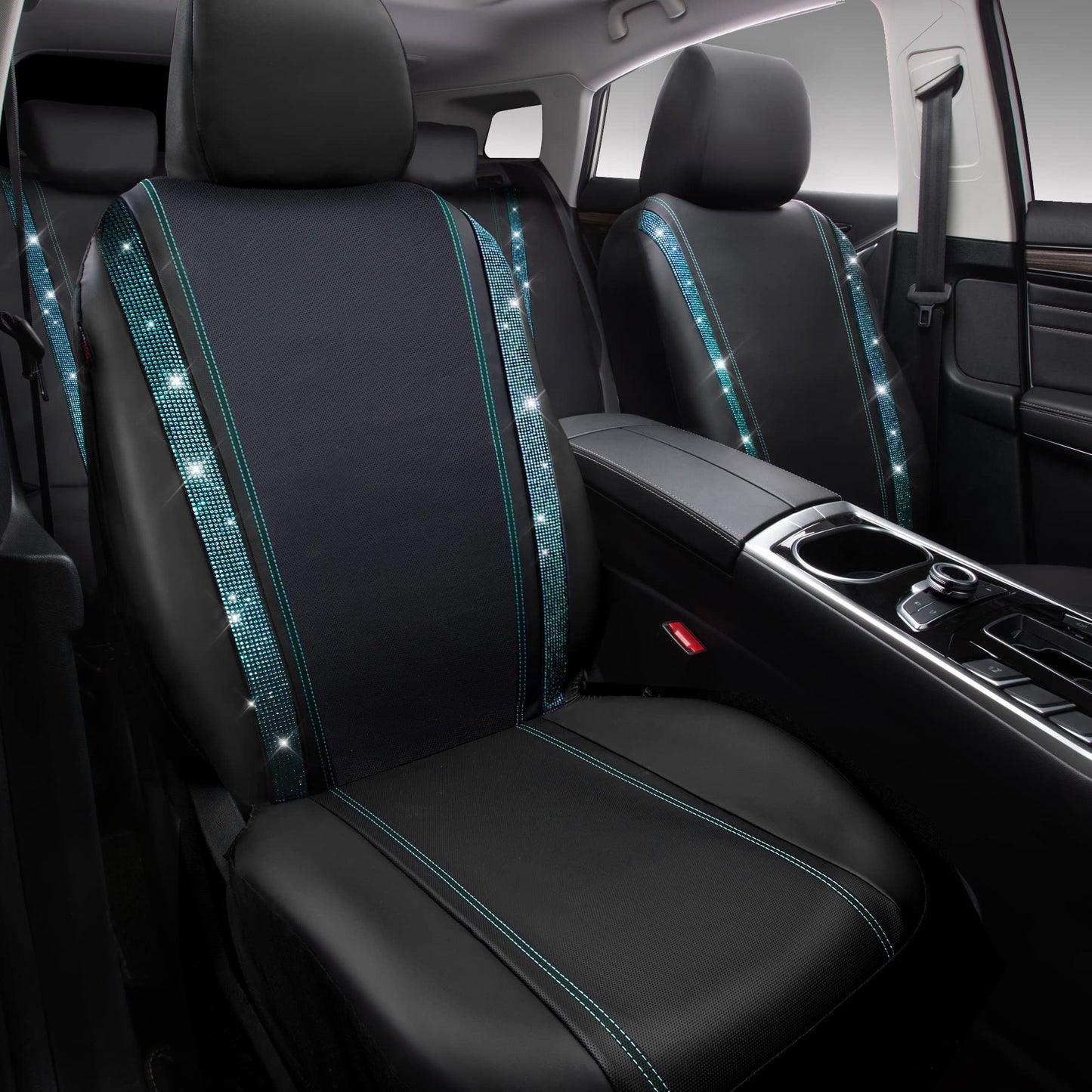 CAR PASS Bling Car Seat Covers Full Set, Shining Rhinestone Diamond Waterproof Faux Leather Universal Fit 95% Automotive Glitter Crystal Sparkle Strips for Cute Women Girl, Full Set (Mint Diamond)