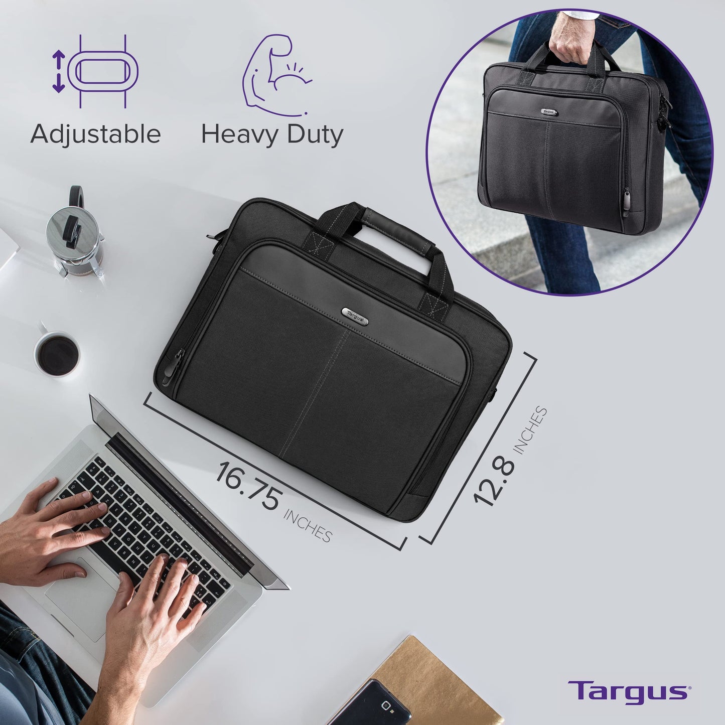 Targus 15-16 Inch Classic Slim Laptop Bag, Black - Ergonomic Briefcase and Messenger Bag - Spacious Foam Padded Laptop Bag for 16" Laptops and Under (TCT027US)