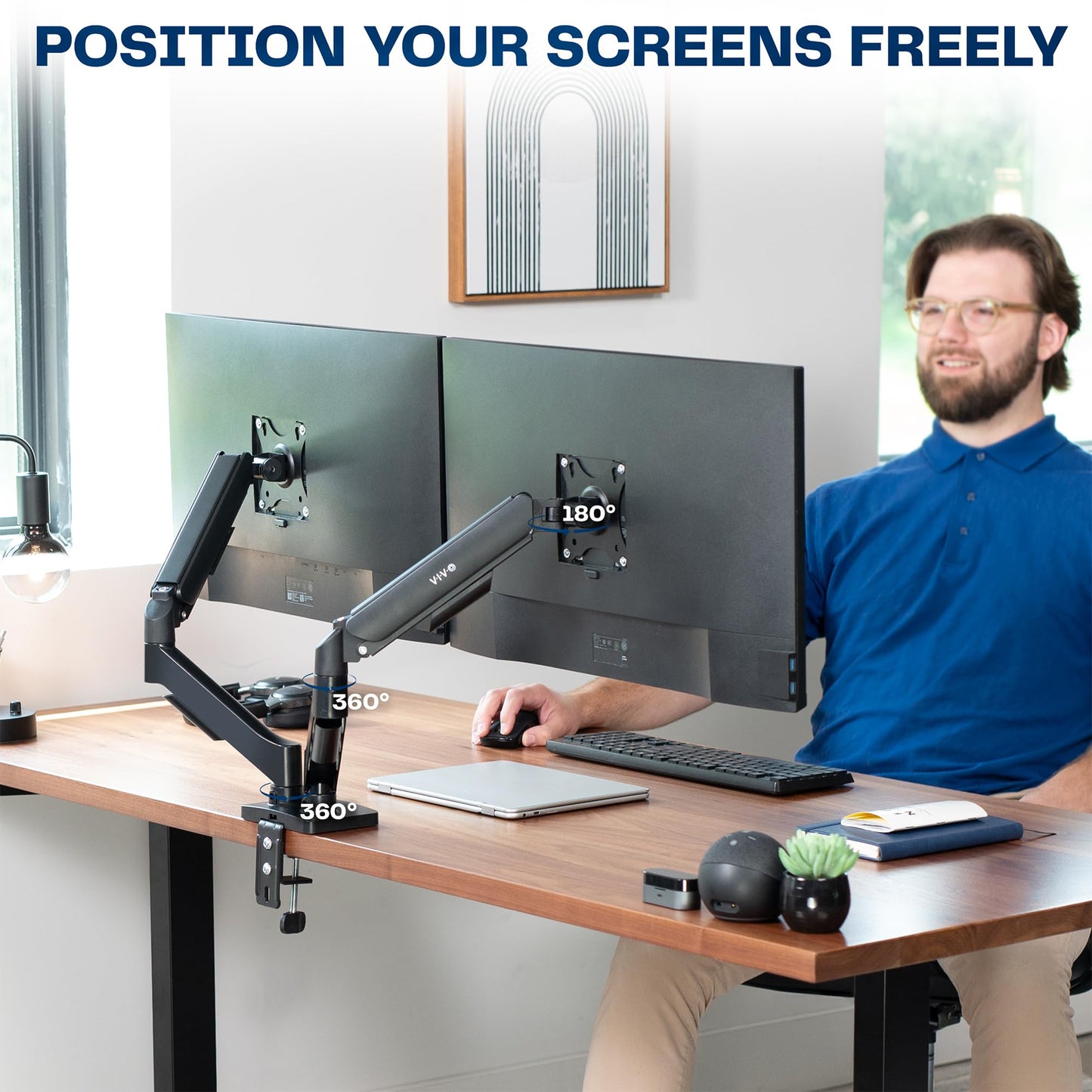 VIVO Dual Monitor up to 32 inches and 19.8 lbs per Screen, Pneumatic Arm Desk Mount, Articulating Counterbalance, VESA Stand, Classic, STAND-V002O